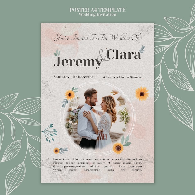 Vertical Wedding Invitation Poster Template Featuring Couple and Flowers – Free Download