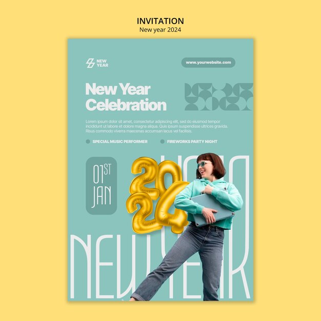 Flat Design New Year 2024 Invitation Template – Free Download