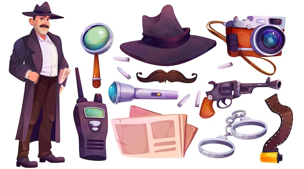 Detective Character and Spy Equipment Icon Set – Free Download