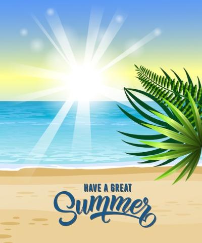 Summer Greeting with Sea, Tropical Beach, Sunrise, and Palm Leaves – Free Download