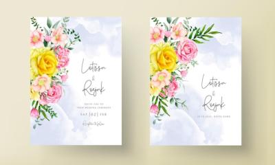 Beautiful Hand Drawn Floral Watercolor Wedding Invitation Card Set – Free Download