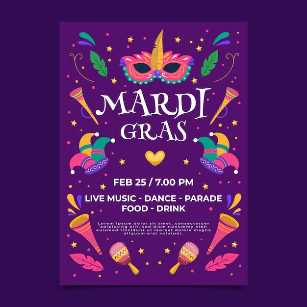 Flat Mardi Gras Vertical Flyer Template – Free to Download