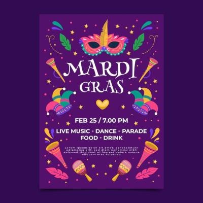 Flat Mardi Gras Vertical Flyer Template – Free to Download