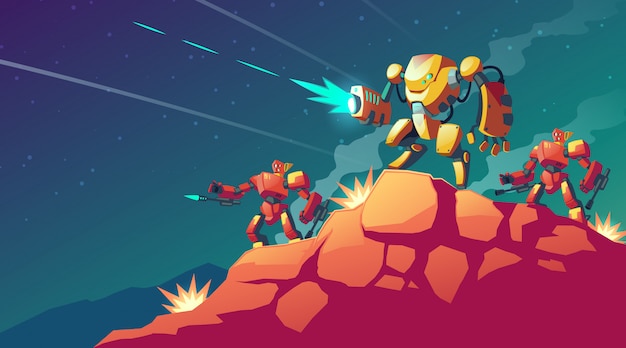 Robot War on Alien Planet: Cartoon Illustration of Combat Robots on Mars – Free Download