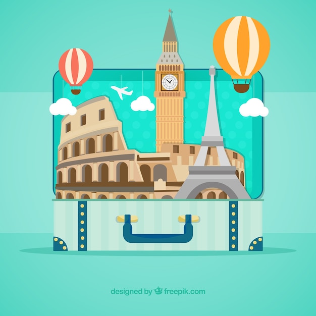 Flat Style Suitcase with Landmarks – Free Download