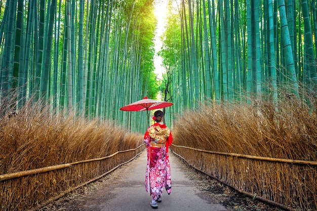 Bamboo Forest: Asian Woman in Traditional Kimono in Kyoto, Japan – Free Download