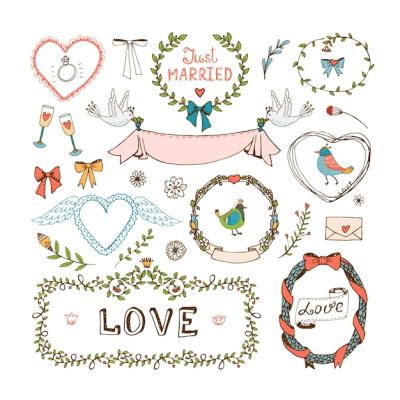 Wedding Invitation Elements: Frames, Wreaths, Symbols of Love & Just Married – Free Download