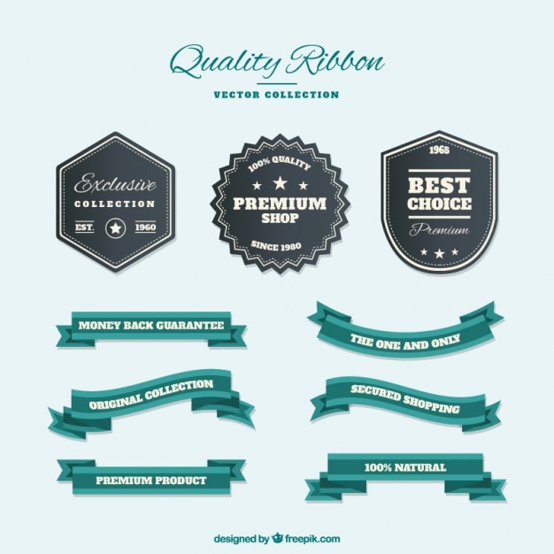 Grey Quality Badges with Green Flat Ribbons – Free Download