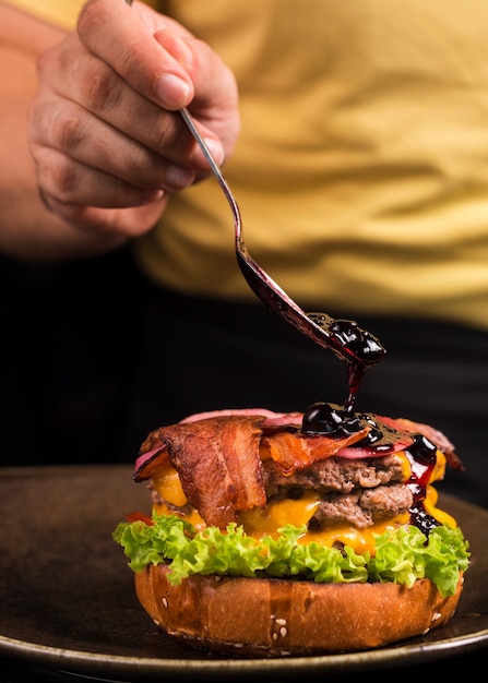 Close-up of a Delicious Beef Burger with Bacon and Cheese – Free to Download