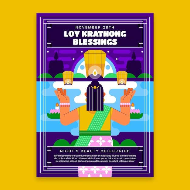 Flat Vertical Poster Template for Loy Krathong Featuring Person and Lanterns – Free to Download