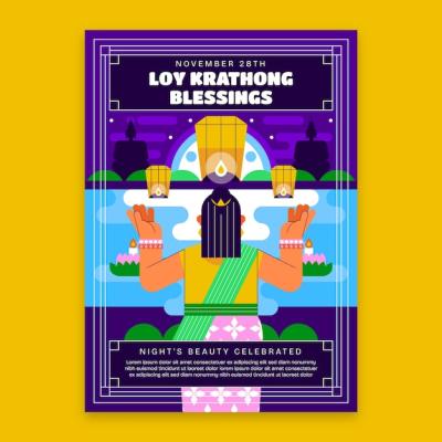 Flat Vertical Poster Template for Loy Krathong Featuring Person and Lanterns – Free to Download