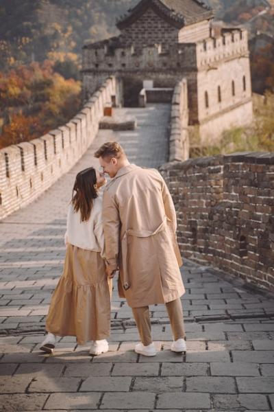 Beautiful Young Couple Displaying Affection at the Great Wall of China – Free Download