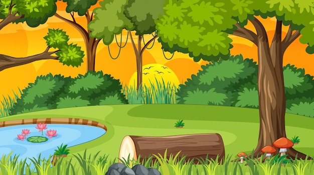 Sunset Forest Nature Scene with Pond and Trees – Free Download