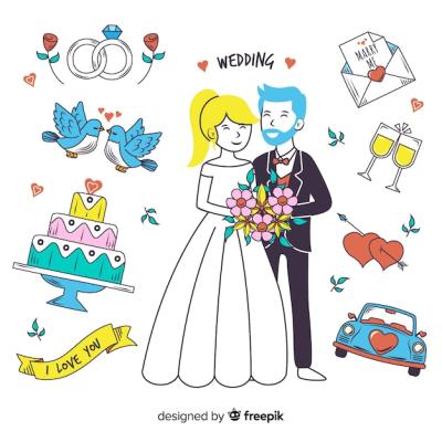 Hand Drawn Wedding Couple and Elements – Free Download