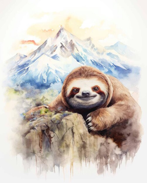 Double Exposure Sloth and Nature Mountains in Watercolor Art – Free Download