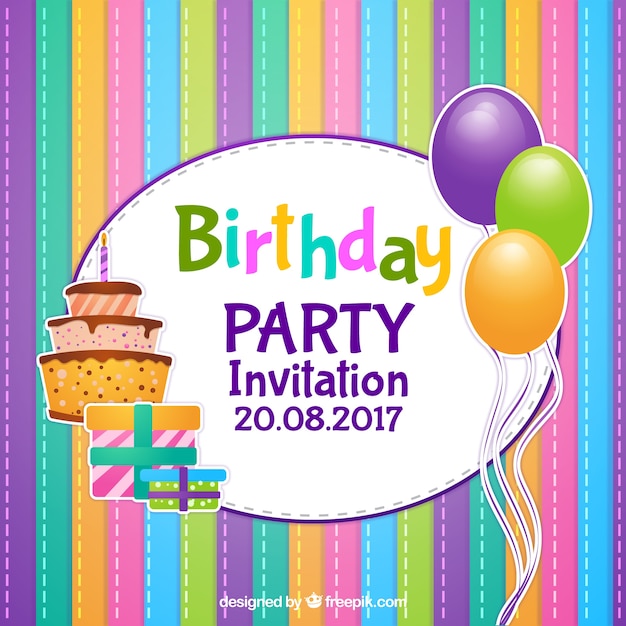 Colorful Striped Birthday Invitation Featuring Balloons and Cake – Free Download