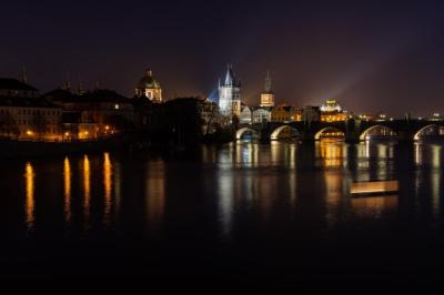 Illuminated Prague Skyline at Night with Charles Bridge Across Vltava River – Free Stock Photo, Download for Free