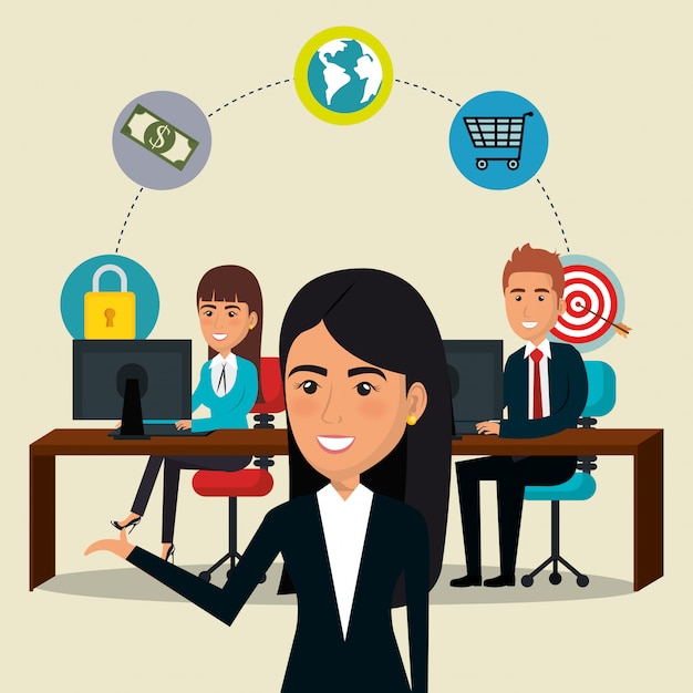 Businesspeople in the Office Featuring E-mail Marketing Icons – Free Download