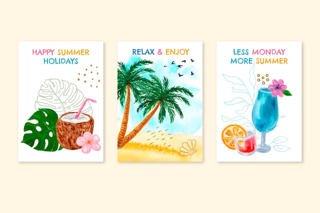 Hand Painted Watercolor Summer Cards Collection – Free Download