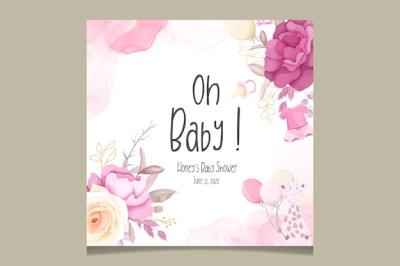 Cute Baby Shower Invitation Card with Beautiful Floral Design – Free Download