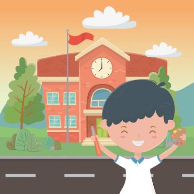 Cartoon Boy and School Building Vector Template – Free Download