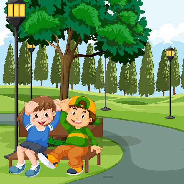 Children Sitting on Park Bench – Free Download