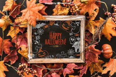 Halloween Slate Mockup Surrounded by Leaves – Free Download