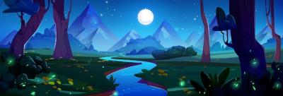 Night Mountain River Landscape – Vector Cartoon Illustration of a Mystical Scene with a Glowing Moon and Fireflies | Free Stock Photo Download