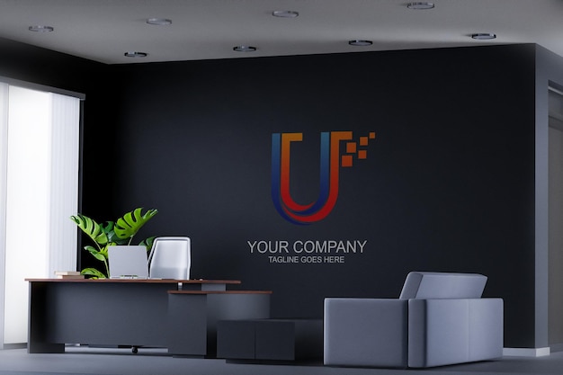 Indoor Office Business Logo Mockup Concept on Dark Black Wall Backdrop – Free Download