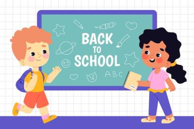 Flat Back to School Background Featuring Students and Blackboard – Free Download