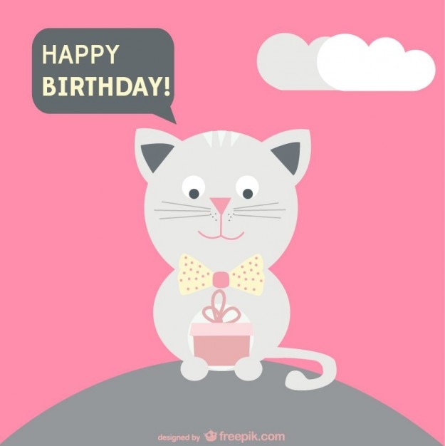 Birthday Card Featuring a Cat with a Present – Free Download