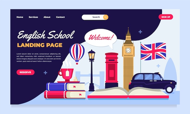 Flat Design English School Landing Page – Free to Download