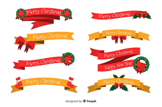 Flat Christmas Ribbon Collection on White Background – Free Download