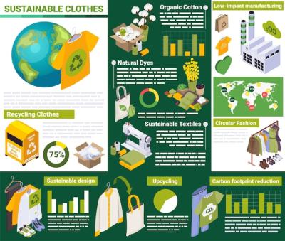 Sustainable Clothes Slow Fashion Isometric Infographics with Garments, Raw Materials, and Bar Charts – Free Download