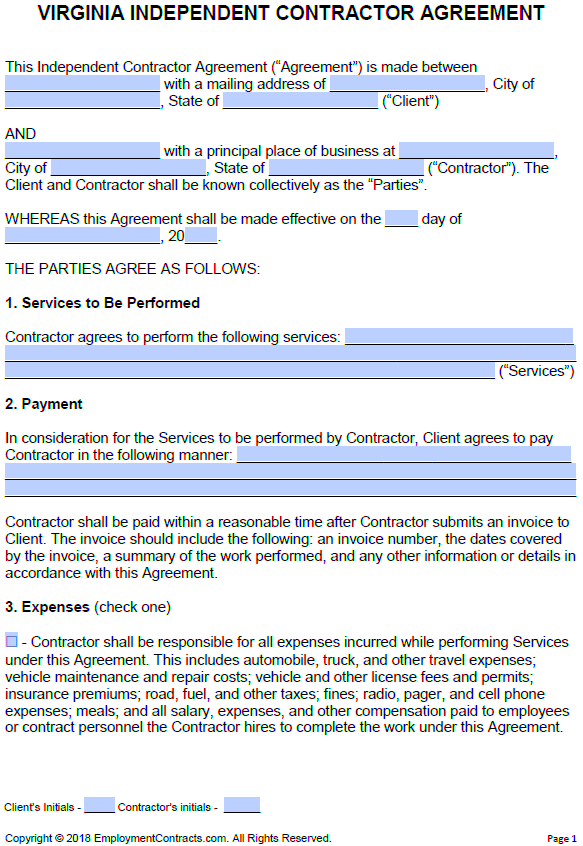 Virginia Independent Contractor Agreement PDF Word