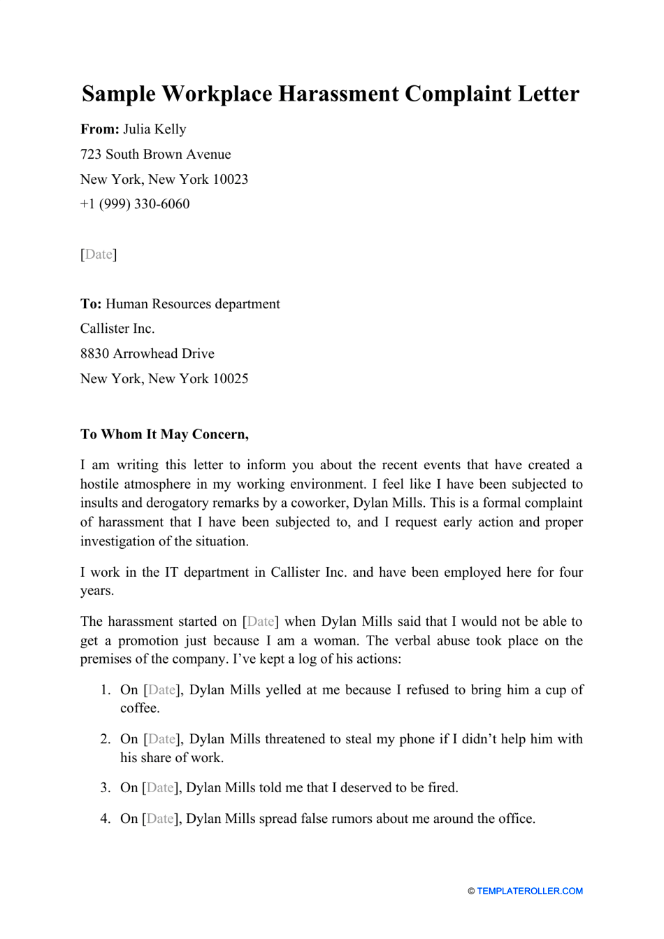 Sample Workplace Harassment Complaint Letter Download Printable PDF 