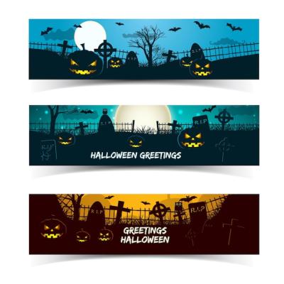 Halloween Greetings Banners Featuring Lanterns, Pumpkins, Animals, and Moon – Free Download