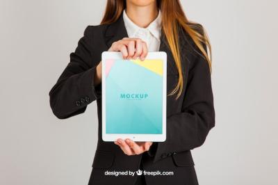 Business Woman Holding Tablet Vertical Mockup – Free Download