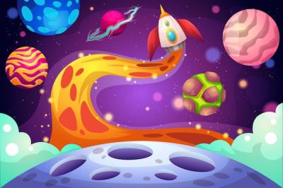 Galaxy Background Featuring Colorful Planets and Rocket Template – Free to Download