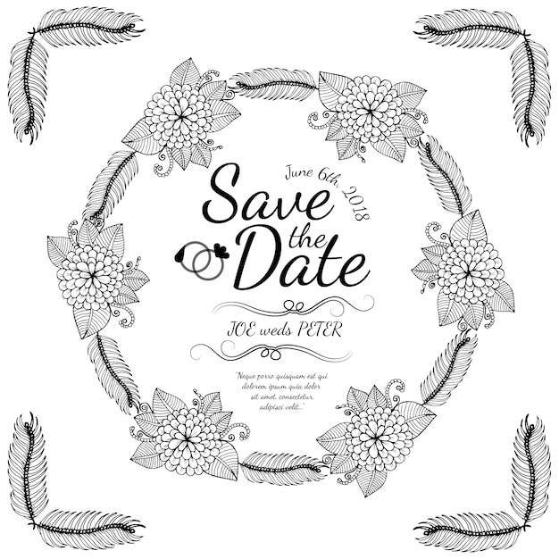 Hand Drawn Black and White Wreath Wedding Card – Free Download