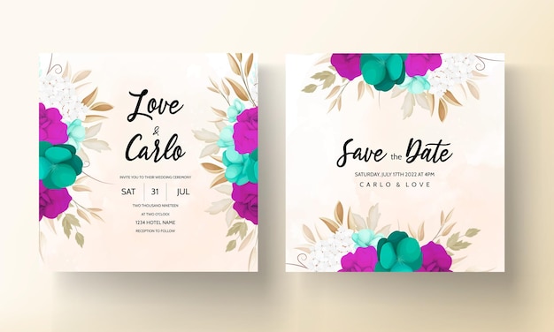 Floral Wedding Invitation Template Set Featuring Purple Watercolor Flowers and Greenery â Free Download