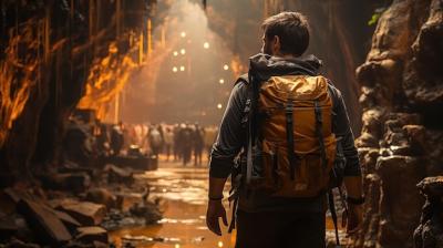 Trekker with a Backpack Walking Inside a Cave Bathed in Sunlight – Free Download