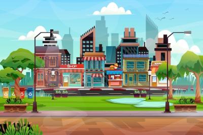 Stunning Cityscape with High-Rise Buildings, Shops, and Parks – Free Download