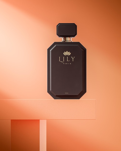 Luxury Black Gold Perfume Bottle Logo Mockup on Orange Abstract Background – Free to Download