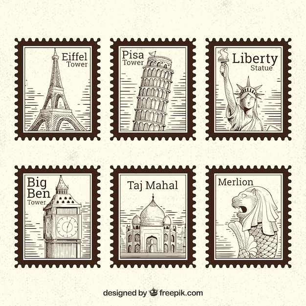 Hand Drawn Landmark Stamps of Iconic Cities – Free Download