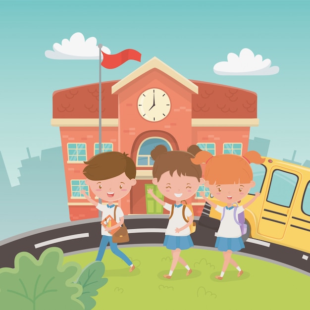 School Building and Bus with Kids – Free Stock Photo for Download