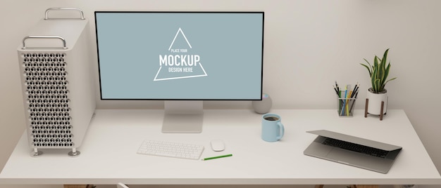 Modern All-White Working Space Featuring Desktop Computer Mockup and Laptop 3D Illustration – Free Download