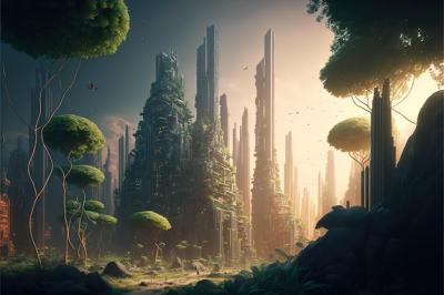 Ecofuturistic Cityscape: Modern Digital Illustration with Green Gardens – Free to Download