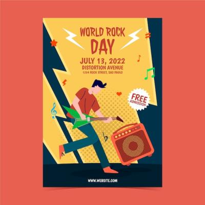 Flat World Rock Day Poster Template Featuring Male Musician Playing Guitar – Free Download