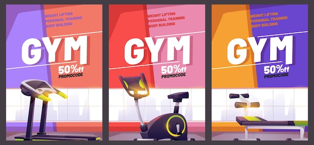 Gym Cartoon Flyers Featuring Fitness Equipment – Free Download